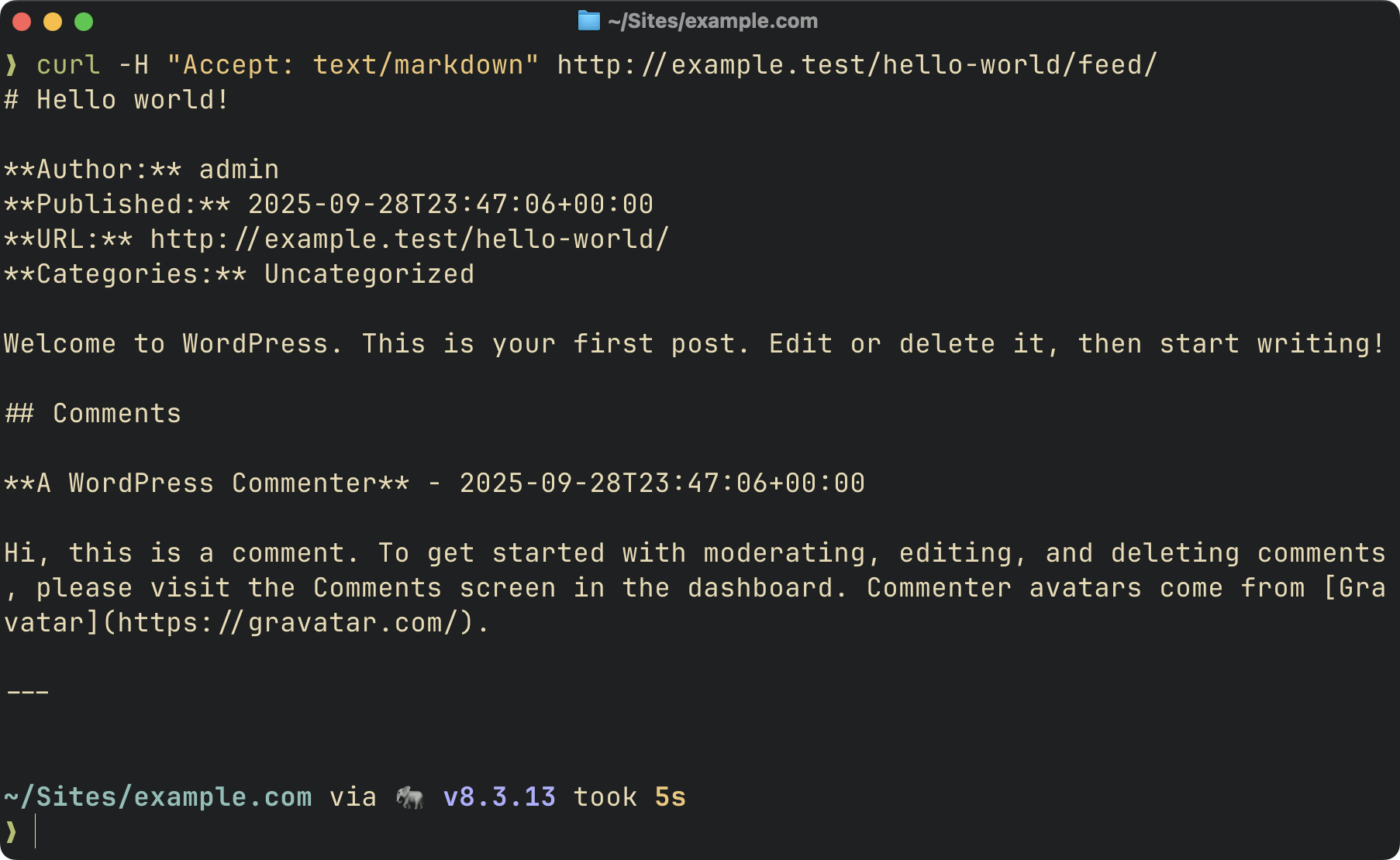 Screenshot of the plugin output on WP's default Hello World post (Accept header)