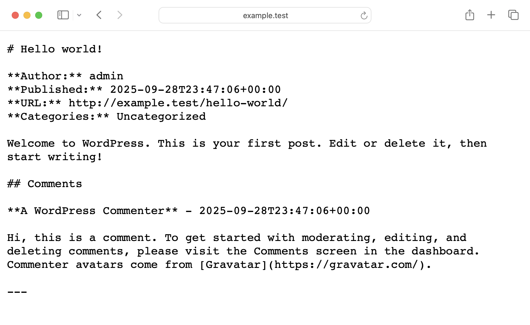 Screenshot of the plugin output on WP's default Hello World post